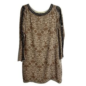 Sundance Champagne Dreams Burnout Velvet  Beaded Sequin Shift Lined Dress Size 4